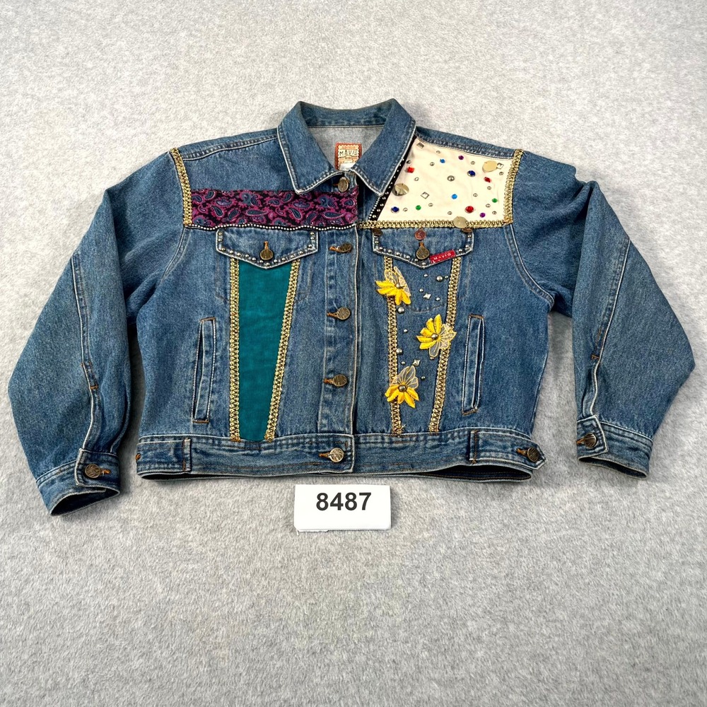 Mavis Denim Jacket Womens Large Blue Embellished Studded Rhinestone Button Front